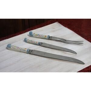 VTG 3 Pc Fork Knives Westall Richardson Sheffield England Floral Porcelain SS
